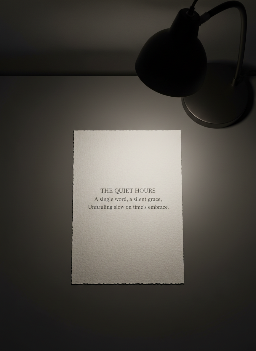 A finely textured, off-white sheet of paper lies on a graphite-colored desk, its surface bearing a single, impeccably centered poem printed in a light charcoal serif font with wide margins and generous line spacing. To the upper right, a slim, matte-black desk lamp arcs gracefully out of frame, its unseen light source casting a focused pool of soft illumination over the poem, fading into darker, velvety shadows toward the edges of the image. The background remains uncluttered, with only the faint edge of the desk visible, dissolving into a muted blur. Photographic realism, shot from directly above with a precise, geometric composition. The mood is quiet and reverent, evoking the careful presentation of a single, important piece of writing.