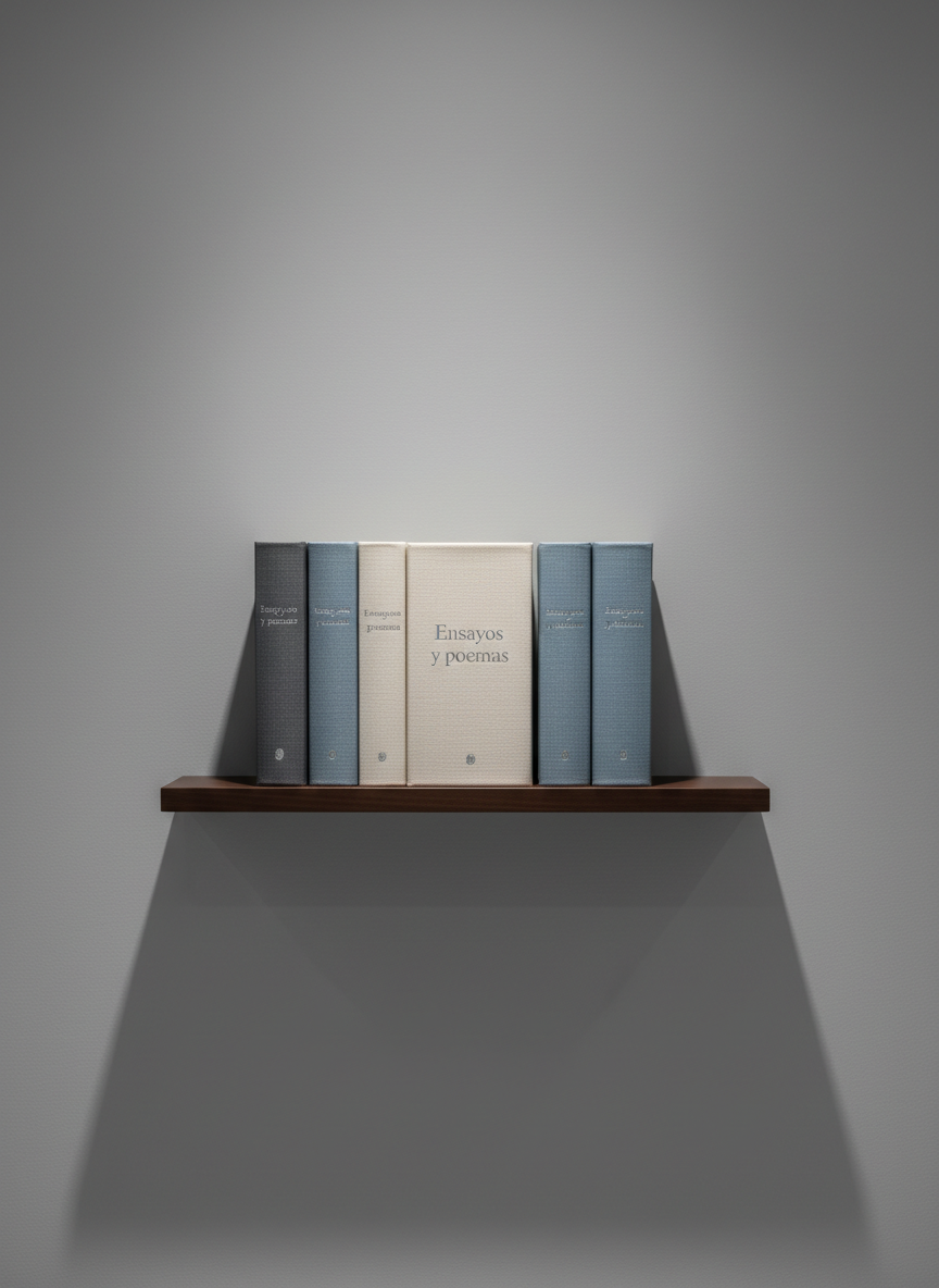 A narrow, dark wooden shelf mounted on a smooth, dove-gray wall holds a curated row of slim, cloth-bound books in muted tones of slate, bone, and dusty blue. At the center, one book is pulled slightly forward, its spine embossed with subtle silver lettering that reads “Ensayos y poemas.” Soft, indirect ambient light from above creates a gentle vertical gradient on the wall and refined highlights along the cloth textures, while the shelf casts a delicate, linear shadow beneath. The lower portion of the frame falls into a quiet blur, emphasizing the restrained arrangement. Photographic realism, eye-level composition using the rule of thirds, minimalist and sophisticated atmosphere that suggests a thoughtful archive of literary work.