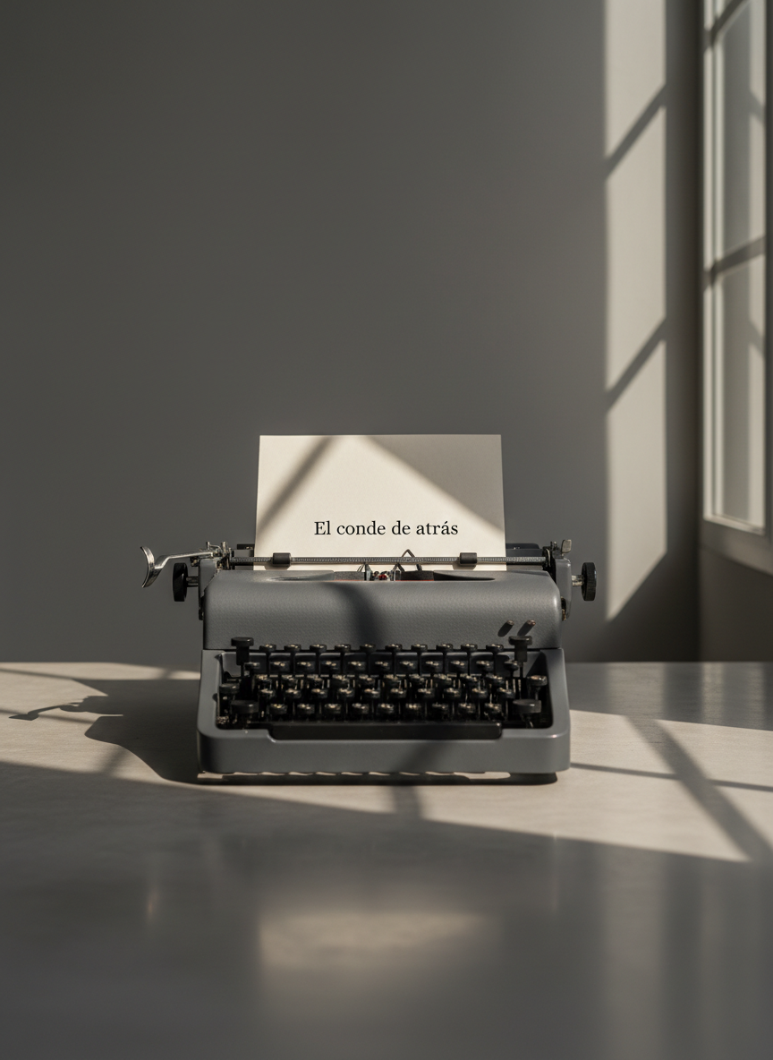 A vintage mechanical typewriter in deep graphite gray sits precisely centered on a smooth concrete tabletop, its round matte-black keys catching soft highlights. A single sheet of off-white paper emerges from the carriage, bearing only the words “El conde de atrás” in crisp, elegant type near the top. Diffused afternoon light from a high window on the right casts refined, linear shadows from the type bars and platen knob, while the background recedes into a softly blurred, medium-gray wall with a barely perceptible gradient. Captured from a slightly elevated angle with a balanced, symmetrical composition and shallow depth of field. The overall mood is thoughtful and restrained, with photographic realism, muted tones, and minimalist details evoking the beginning of a sophisticated literary work.