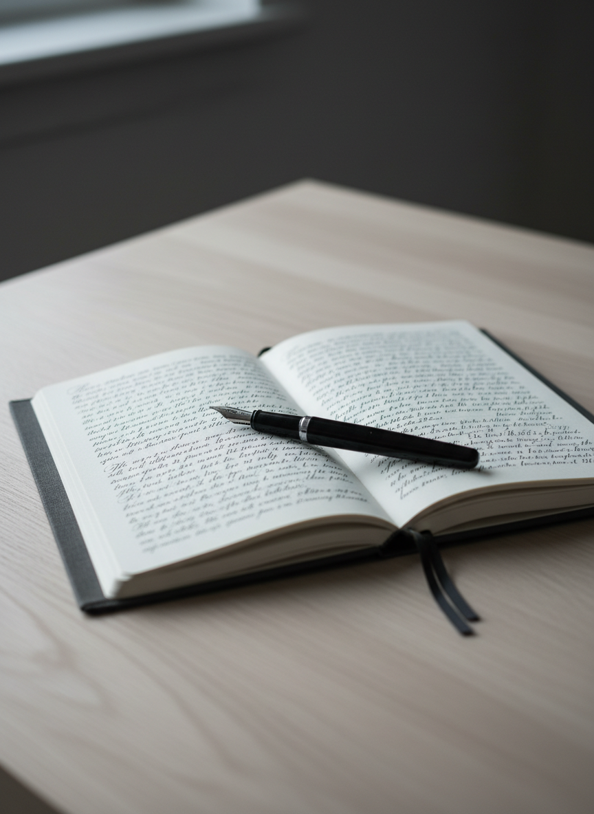 A slim, hardcover notebook wrapped in matte charcoal linen lies open on a pale oak desk, its cream pages filled with delicate, almost calligraphic ink lines fading into the gutter. A single black fountain pen with a brushed metal clip rests diagonally across the center spread, a tiny pool of ink glistening at the nib. Soft overcast daylight filters in from an unseen window to the left, creating subtle gradients of light across the paper and gentle shadows beneath the pen. The background melts into a softly blurred expanse of desk and a muted gray wall. Photographic realism, shot at eye level with shallow depth of field, minimalist composition and a calm, contemplative mood that suggests quiet, sophisticated writing in progress.