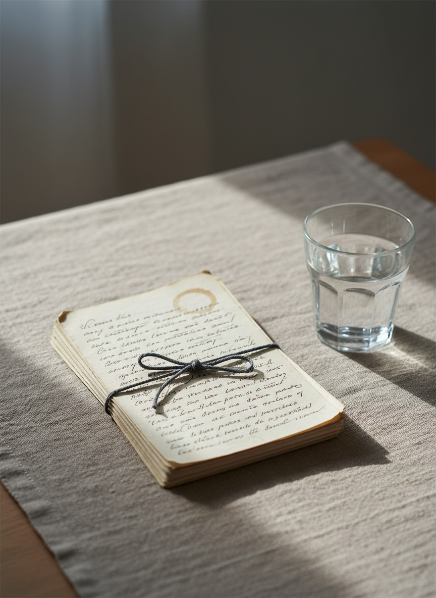 A small, carefully stacked pile of handwritten pages tied with a thin, dark gray cotton string rests on a linen-covered table in muted sand tones. The top page shows finely written Spanish text, slightly smudged at the edges as if revised many times, with a faint coffee ring near one corner. A simple, clear glass of water half-filled stands off to the side, catching soft, cool morning light that spills in from the upper left, creating gentle reflections and elongated, understated shadows. The background is an unfocused wash of warm gray and taupe, suggesting a quiet room without distinct objects. Photographic realism, shot from a three-quarter overhead angle, minimalist composition, and a serene, introspective mood suited for reflective essays and poems.
